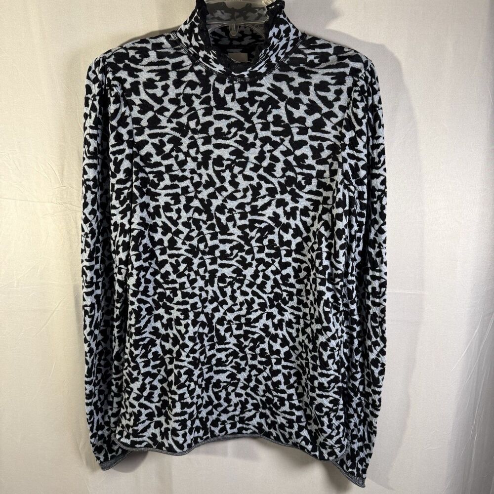 Nic & Zoe Women’s Mock Neck Top M Black Light Blue Abstract Print Stretch Casual